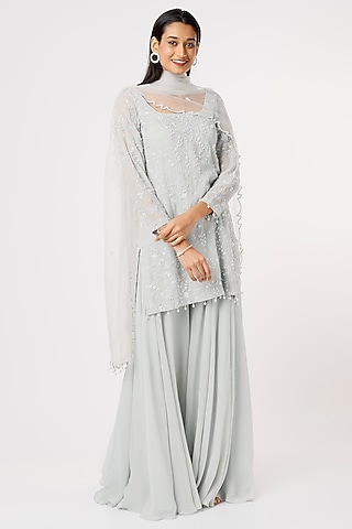 Sky Blue Embroidered Sharara Set by Mahima Batra