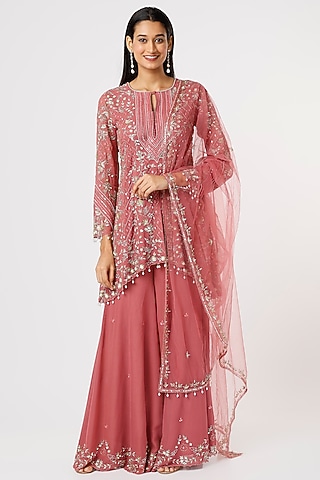 Carrot Pink Georgette Sharara Set by Mahima Batra