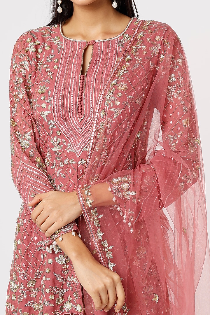 Carrot Pink Georgette Wedding Sharara Set by Mahima Batra at Pernia's Pop Up Shop