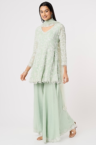 Sea Green Embroidered Sharara Set by Mahima Batra
