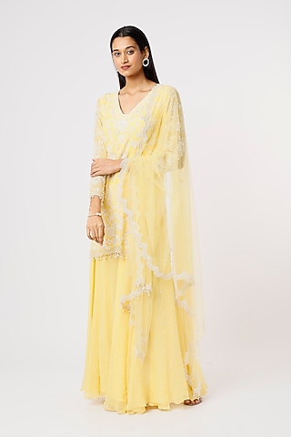 Yellow Georgette Sharara Set by Mahima Batra