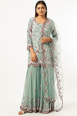Aqua Blue Georgette Gharara Set by Mahima Batra
