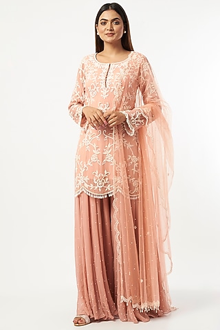 Peach Georgette Gharara Set by Mahima Batra
