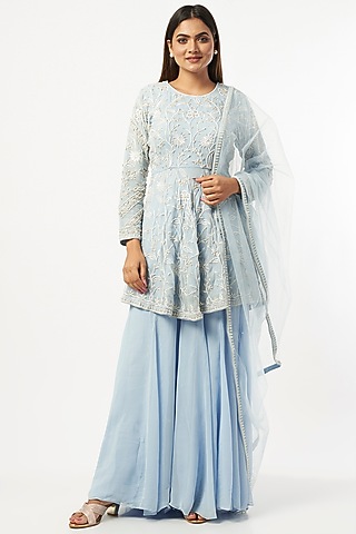 Sky Blue Georgette Sharara Set by Mahima Batra