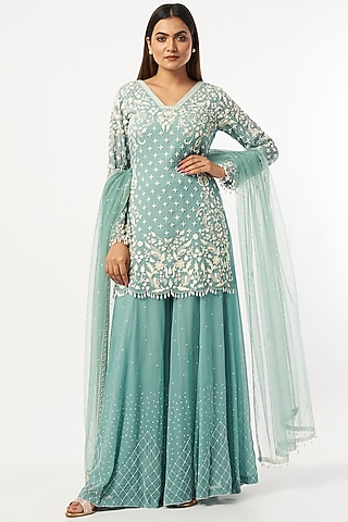 Aqua Blue Georgette Sharara Set by Mahima Batra