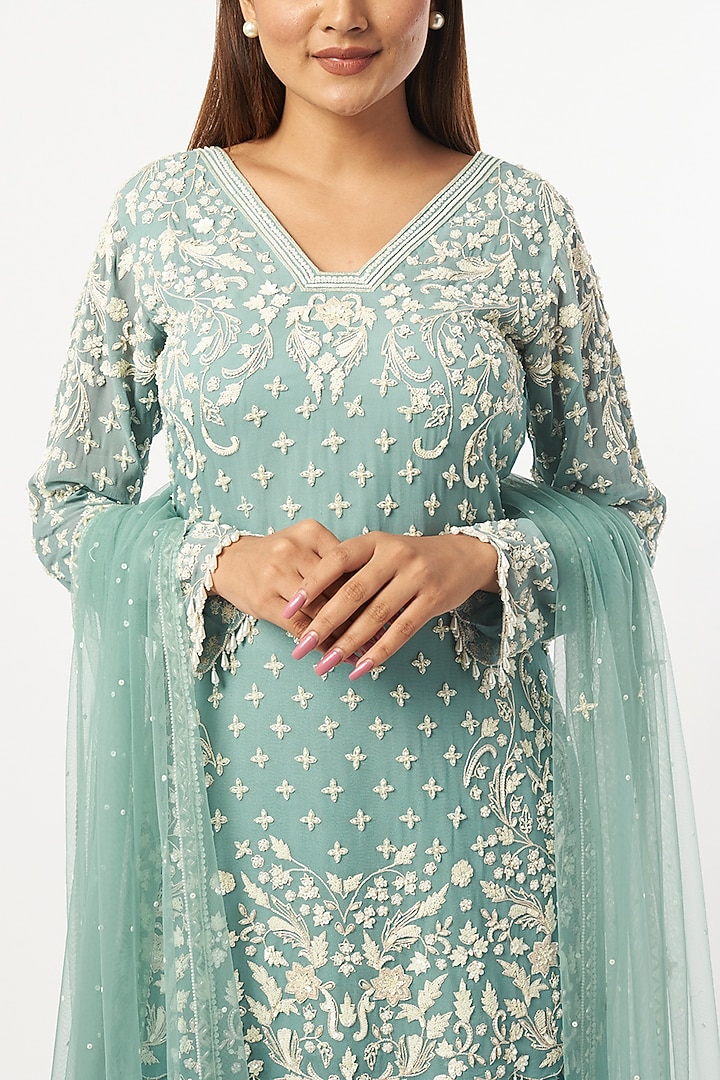 Aqua Blue Georgette Wedding Sharara Set by Mahima Batra at Pernia's Pop Up Shop