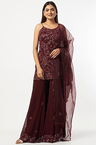 Maroon Georgette Sharara Set by Mahima Batra