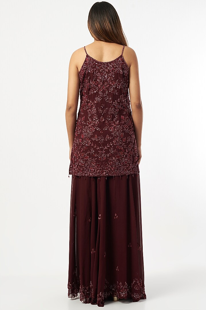 Maroon Georgette Wedding Sharara Set by Mahima Batra at Pernia's Pop Up Shop