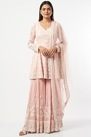 Pink Georgette Gharara Set by Mahima Batra