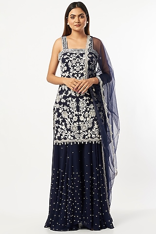 Navy Blue Georgette Sharara Set by Mahima Batra