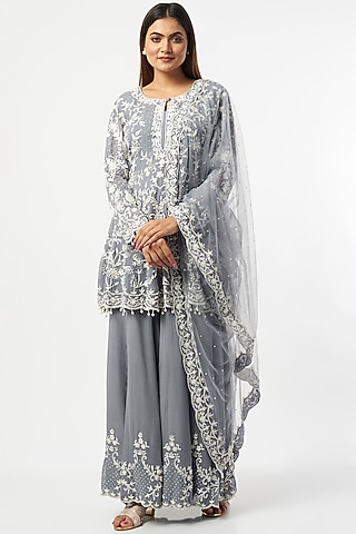 Grey Georgette Sharara Set by Mahima Batra