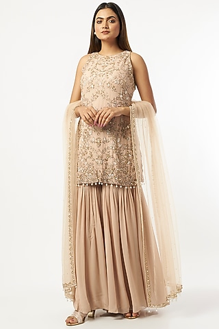 Nude Georgette Gharara Set by Mahima Batra