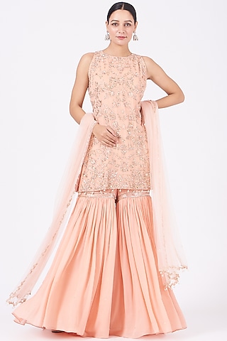 Peach Embroidered Gharara Set by Mahima Batra