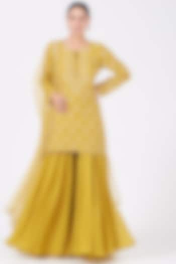 Mustard Embroidered Sharara Set by Mahima Batra