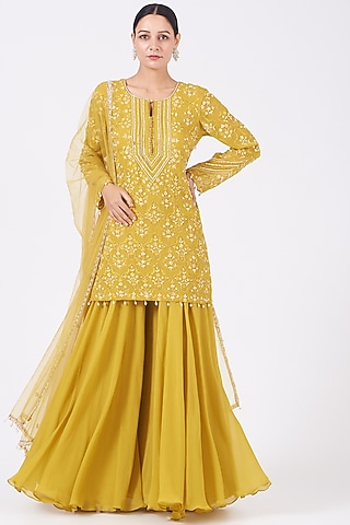 Mustard Embroidered Sharara Set by Mahima Batra