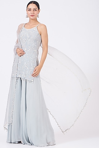 Arctic Grey Embroidered Sharara Set by Mahima Batra