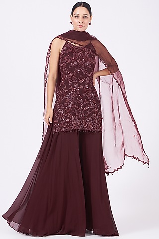 Maroon Hand Embroidered Sharara Set by Mahima Batra