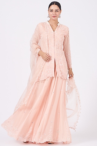 Pale Peach Embroidered Sharara Set by Mahima Batra