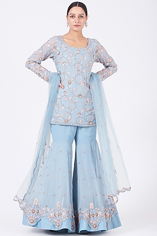 Powder Blue Embroidered Gharara Set by Mahima Batra