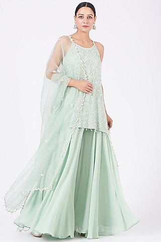 Mint Embroidered Sharara Set by Mahima Batra