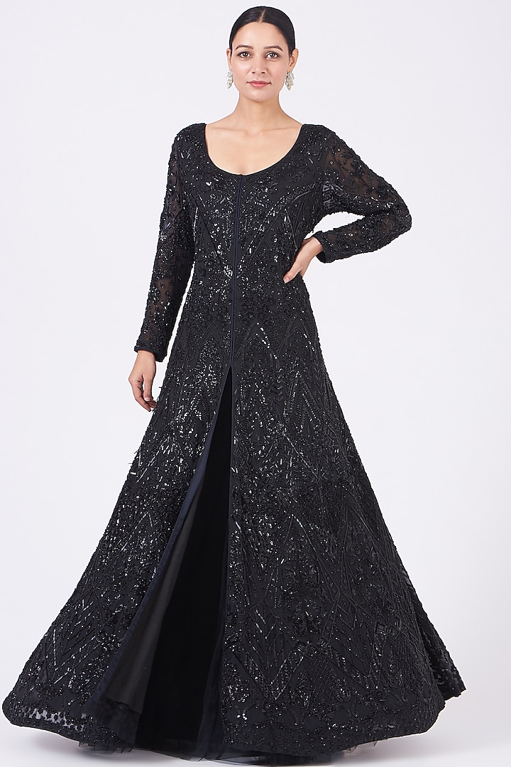 Black Embroidered Gown With Skirt by Mahima Batra