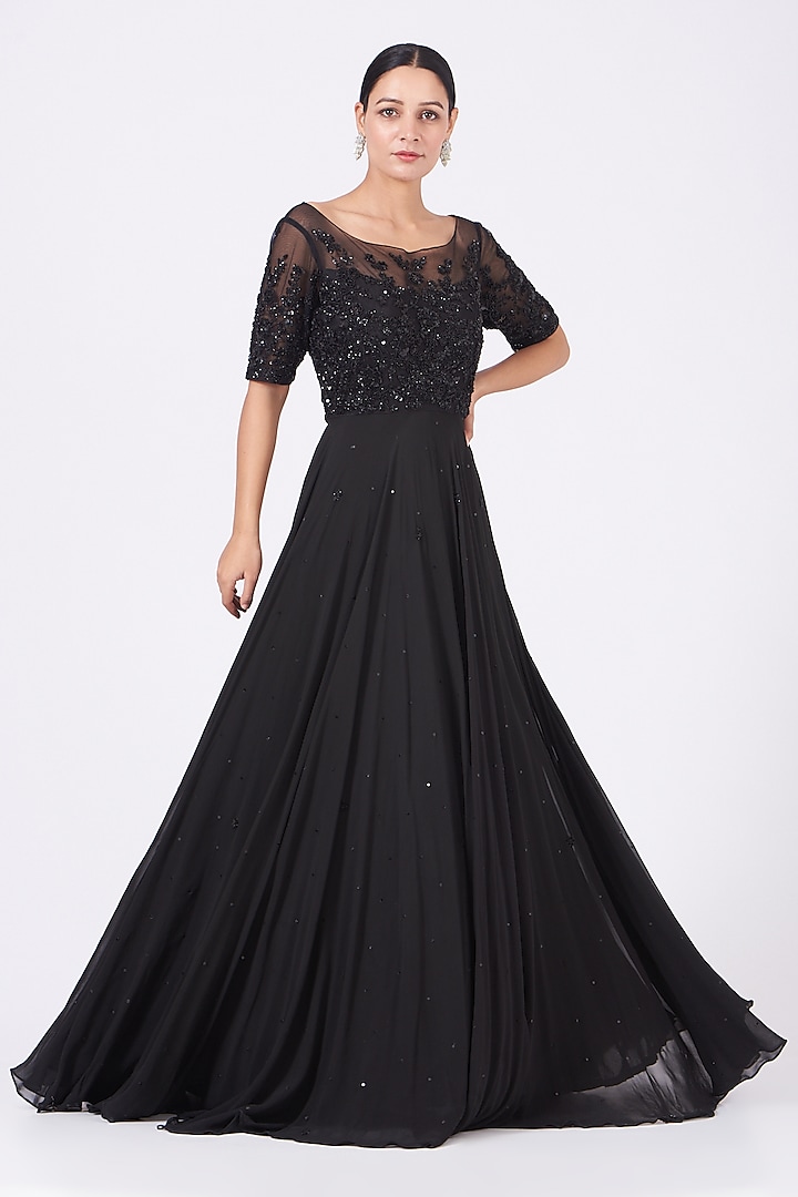 Black Georgette Gown With Skirt by Mahima Batra