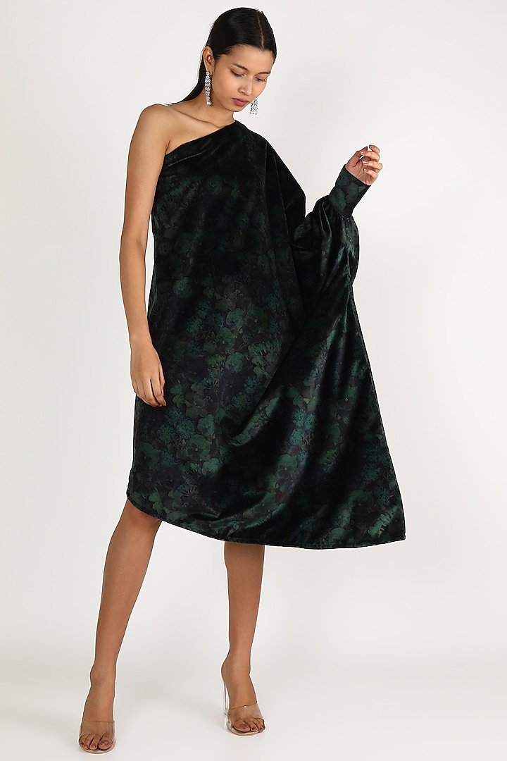 Olive Green Velvet Printed Off-Shoulder Dress by Maithili by Anju Nath