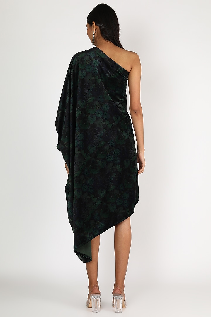 Olive Green Velvet Printed Off-Shoulder Summer Dress by Maithili by Anju Nath at Pernia's Pop Up Shop