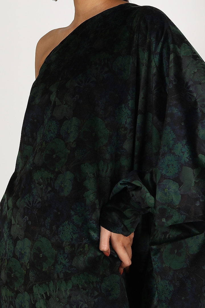 Olive Green Velvet Printed Off-Shoulder Summer Dress by Maithili by Anju Nath at Pernia's Pop Up Shop