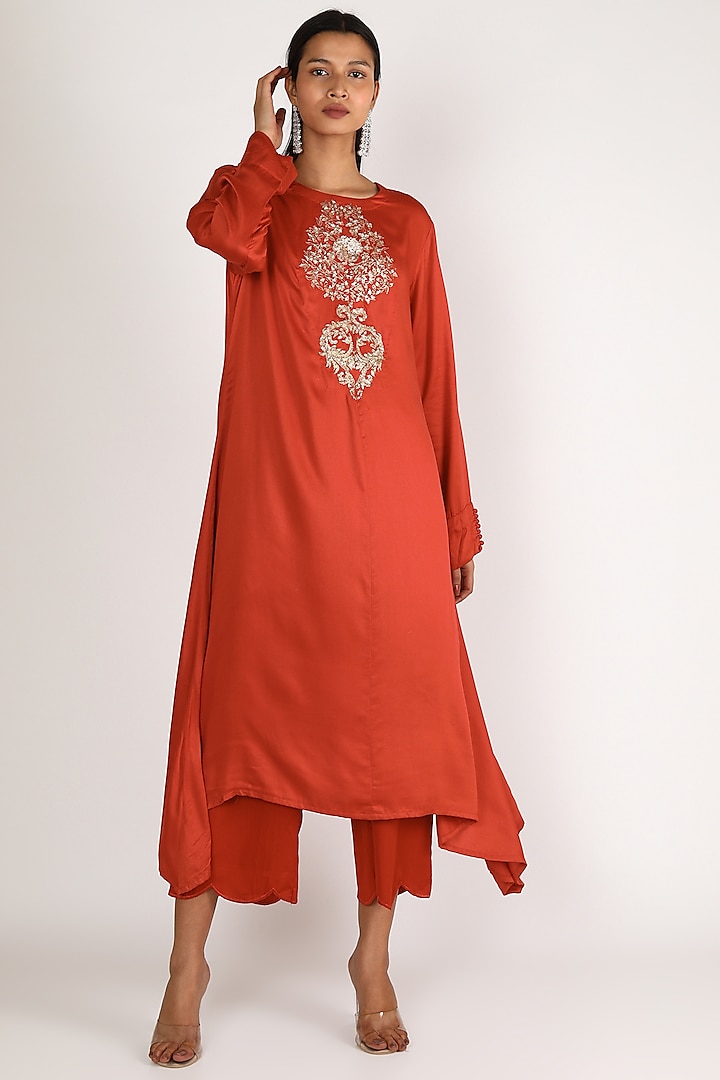 Red Embroidered Tunic Set by Maithili by Anju Nath