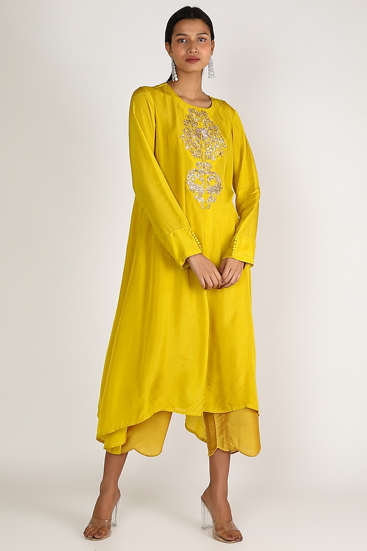 Yellow Embroidered Tunic Set by Maithili by Anju Nath