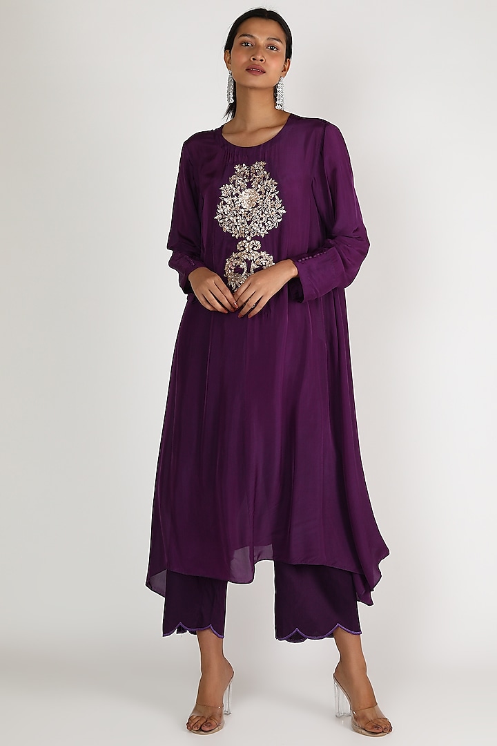 Purple Zardosi Embroidered Tunic Set by Maithili by Anju Nath