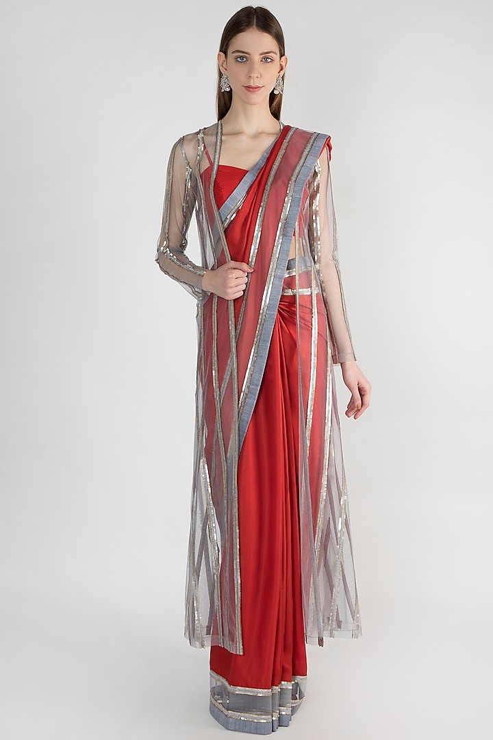 Red Embroidered Saree Set With Jacket by Mandira Bedi