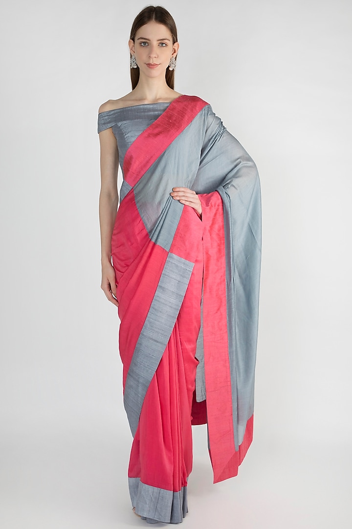 Raspberry & Grey Embroidered Saree Set by Mandira Bedi at Pernia's Pop Up Shop