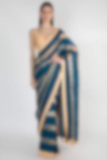 Teal Blue & Beige Embroidered Saree Set by Mandira Bedi