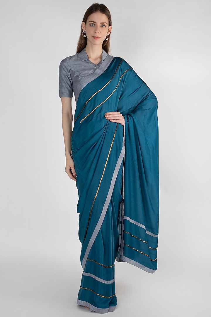 Teal Blue Embroidered Silk Saree Set by Mandira Bedi