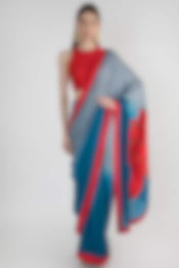 Teal Blue & Grey Shaded Embroidered Saree by Mandira Bedi