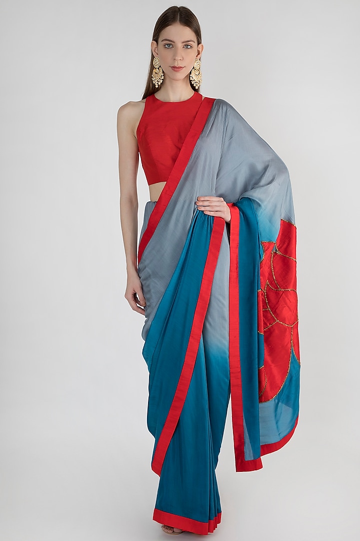 Teal Blue & Grey Shaded Embroidered Saree by Mandira Bedi
