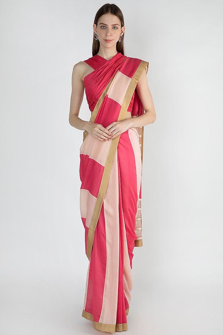 Light Pink & Raspberry Embroidered Striped Saree Set by Mandira Bedi