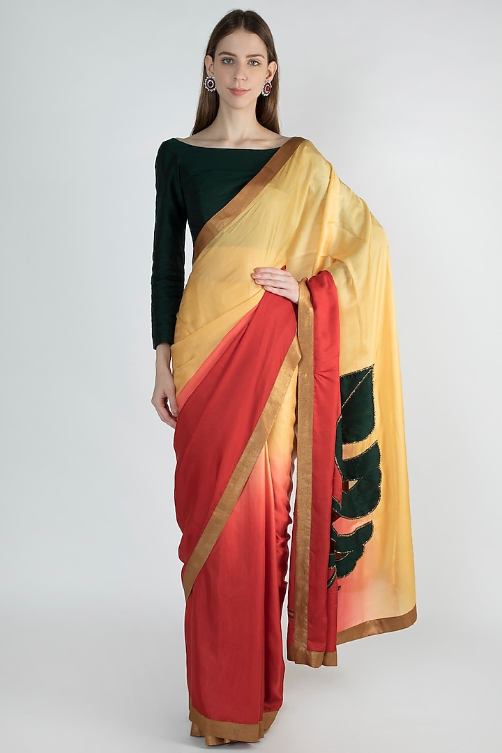 Red & Beige Shaded Embroidered Saree by Mandira Bedi
