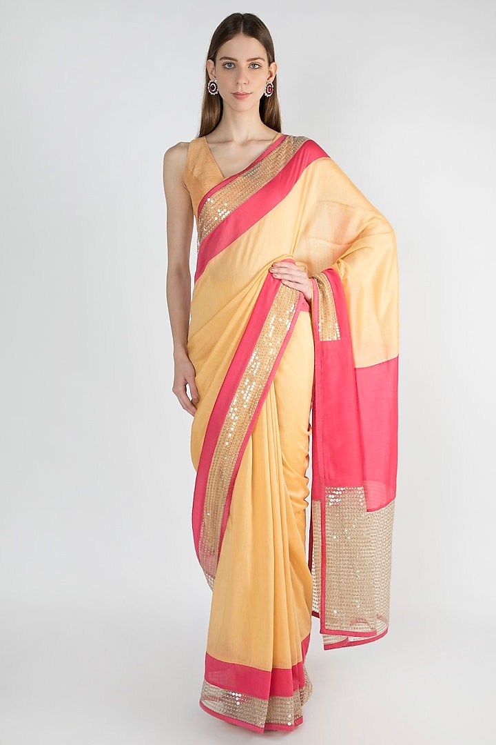 Beige Embroidered Saree Set With Double Border by Mandira Bedi