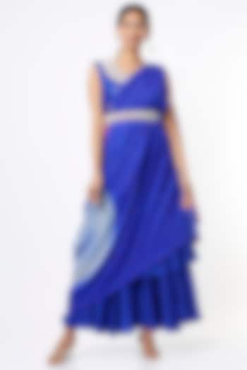 Cobalt Blue Embroidered Double-Layered Vacation Dress With Pre-Stitched Drape by Mahi Calcutta at Pernia's Pop Up Shop