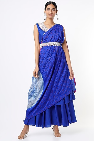 Cobalt Blue Embroidered Double-Layered Dress With Pre-Stitched Drape by Mahi Calcutta