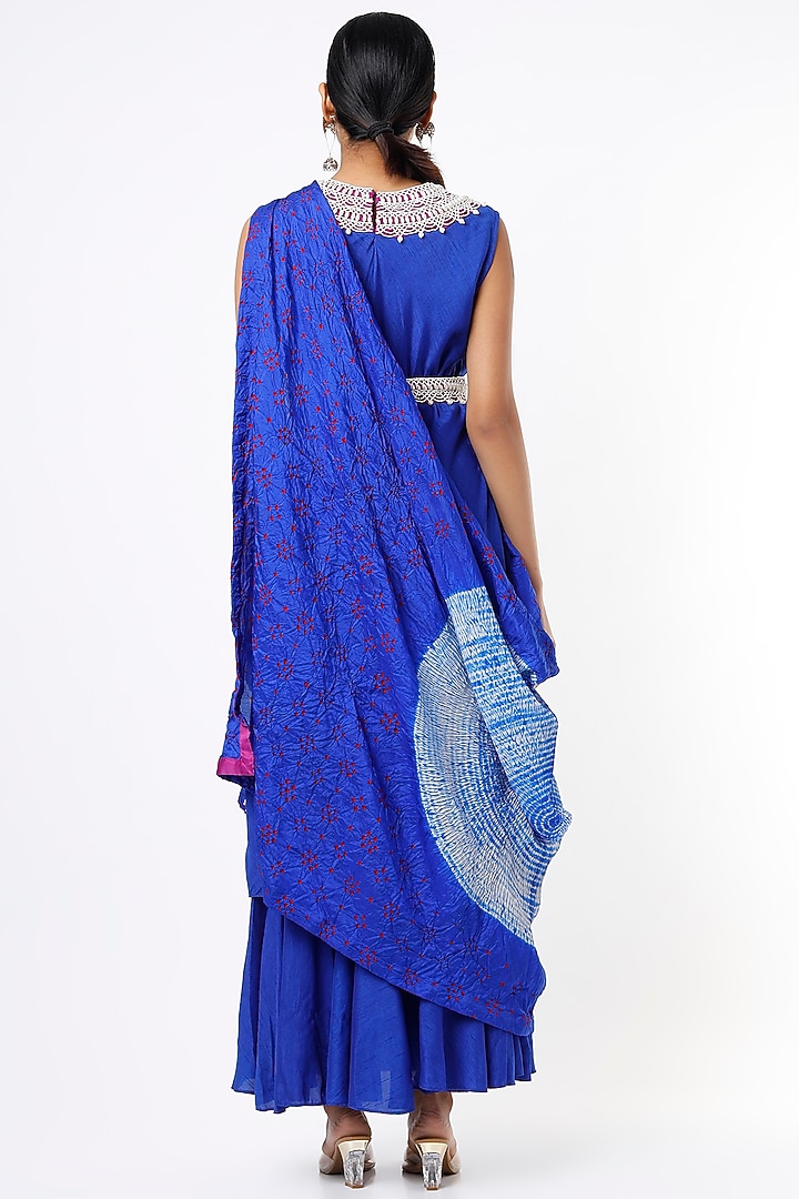 Cobalt Blue Embroidered Double-Layered Vacation Dress With Pre-Stitched Drape by Mahi Calcutta at Pernia's Pop Up Shop