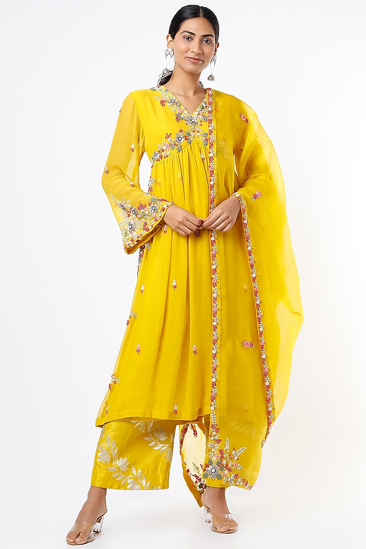 Dandelion Yellow Embroidered Gathered Long Kurta Set by Mahi Calcutta at Pernia's Pop Up Shop