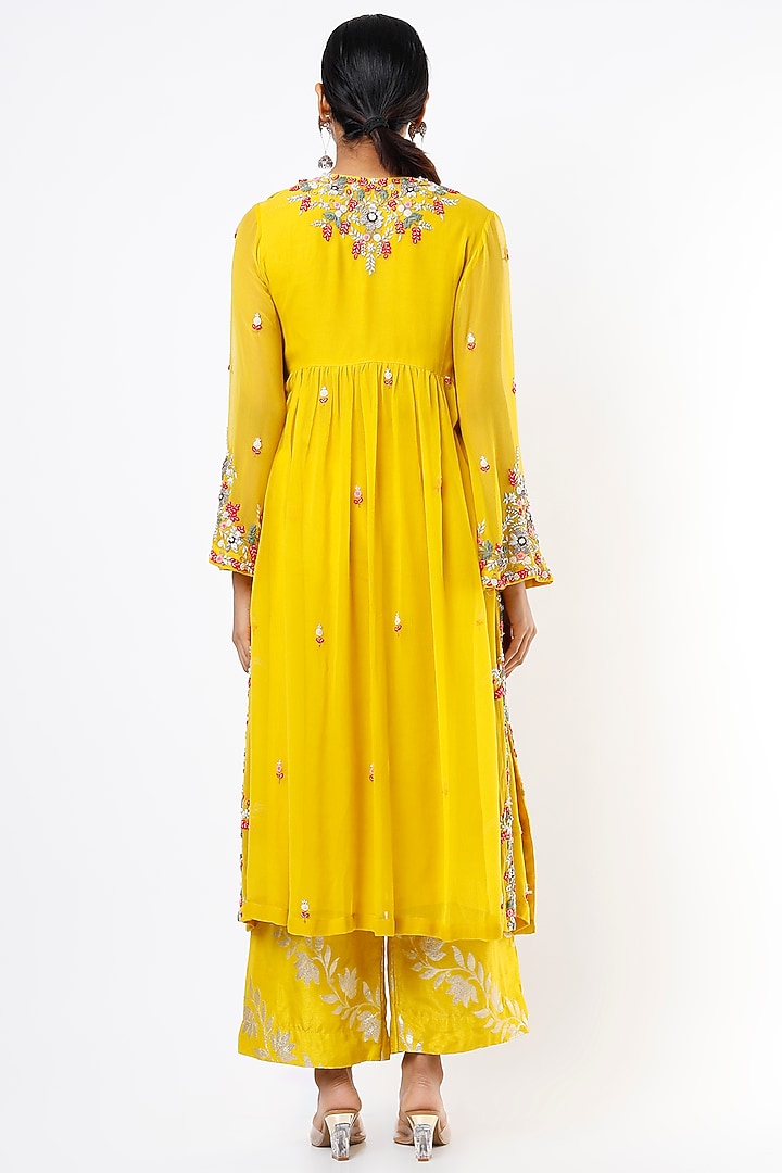 Dandelion Yellow Embroidered Gathered Long Kurta Set by Mahi Calcutta at Pernia's Pop Up Shop