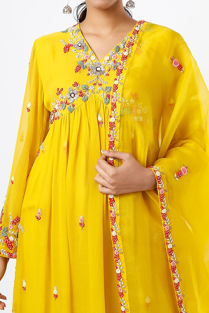 Dandelion Yellow Embroidered Gathered Long Kurta Set by Mahi Calcutta at Pernia's Pop Up Shop