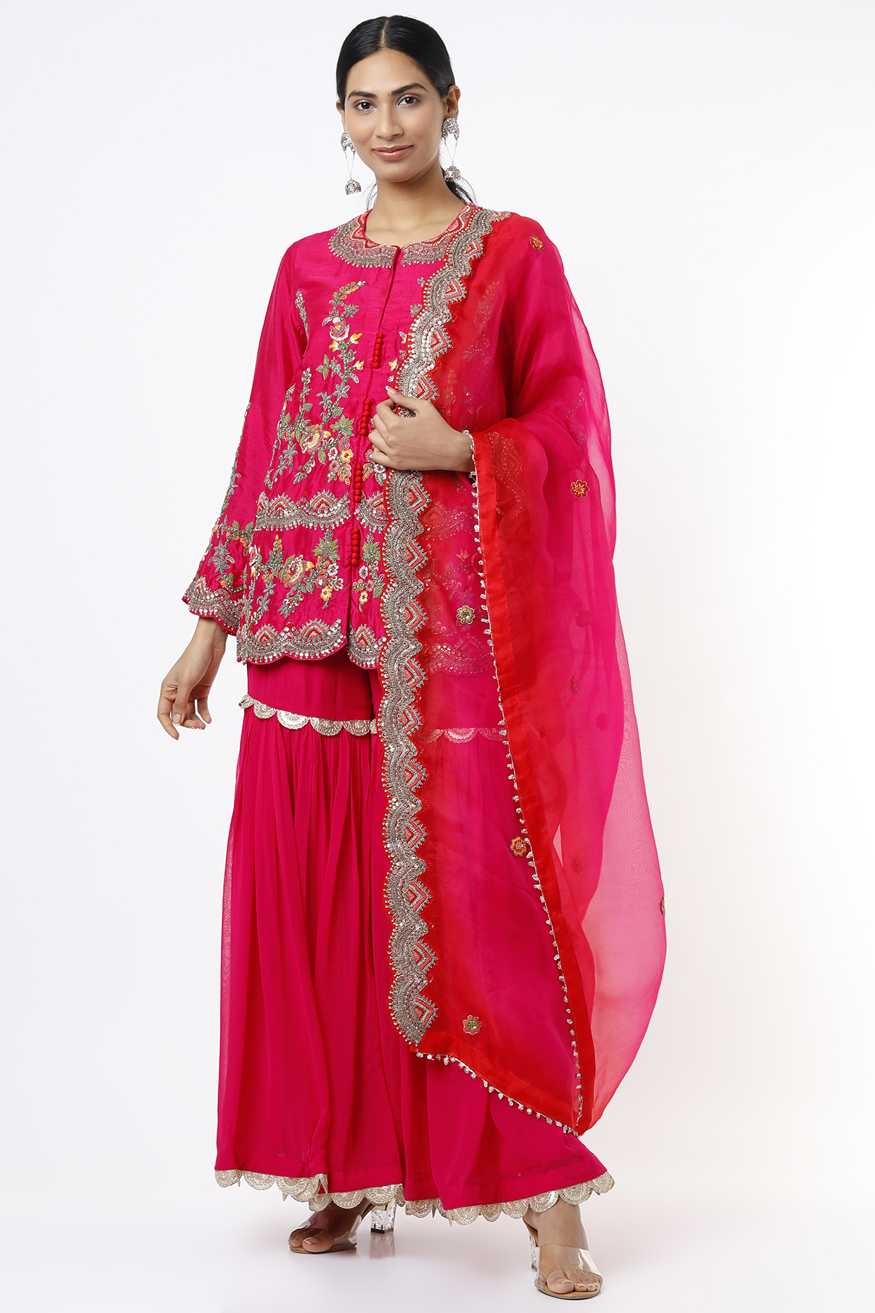 Reddish-Pink Georgette Wedding Sharara Set by Mahi Calcutta at Pernia's Pop Up Shop