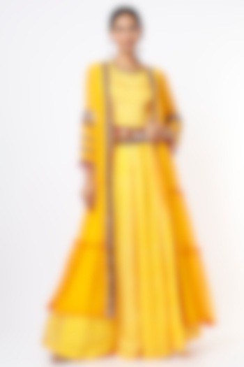 Dandelion Yellow Embroidered Front-Open Jacket Set by Mahi Calcutta at Pernia's Pop Up Shop