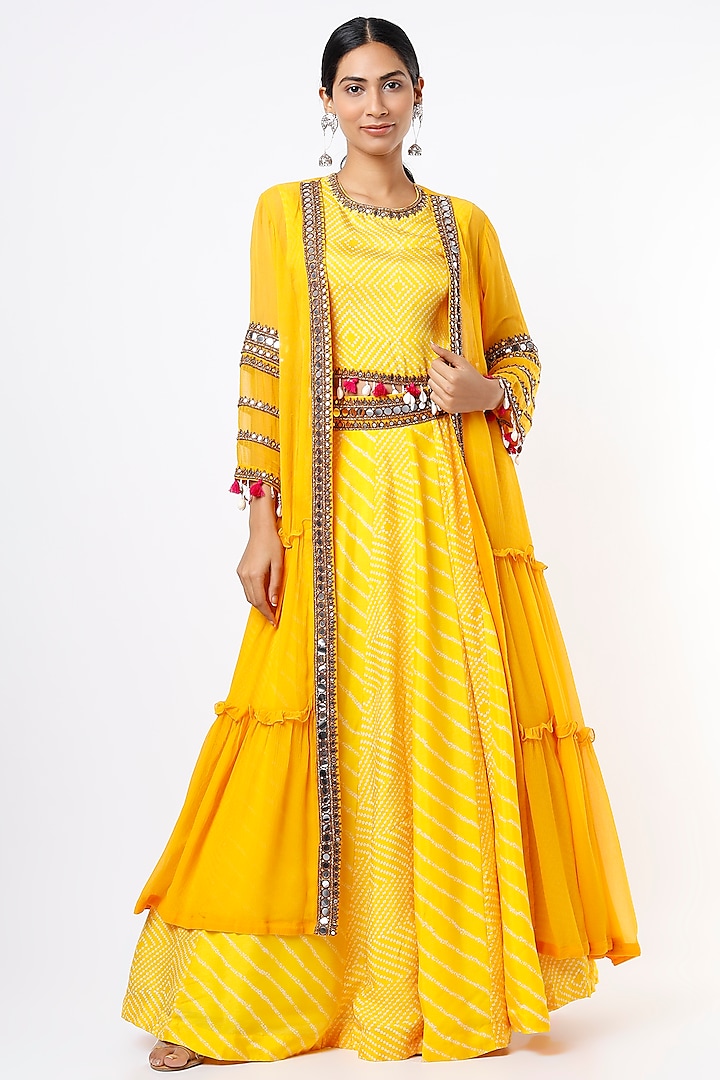 Dandelion Yellow Embroidered Front-Open Jacket Set by Mahi Calcutta at Pernia's Pop Up Shop